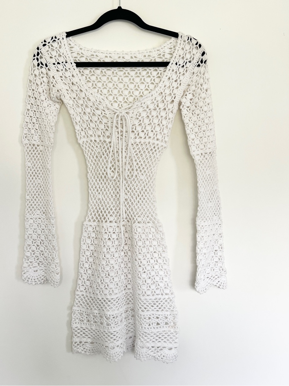 ANDI BAGUS White Crochet Mini Dress Bell Sleeve Boho Beach Cover Up XXS